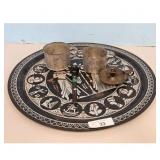 Egyptian Themed Tray/Tin  Mugs Set/Rail road Spike