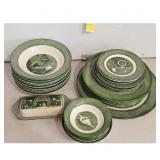 Vintage Green Cabin Scene Dinnerware Set with Butt
