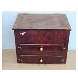 Antique Wooden Box with Two Drawers and Hinged Lid