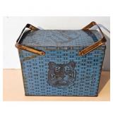 Vintage Blue Tin Picnic Basket with Tiger Graphic