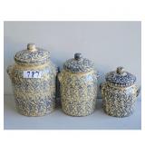 Set of 3 Vintage Blue and Yellow Spongeware Cerami
