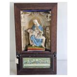 EARLY OAK BOX W/JESUS, MARY & LAST SUPPER &