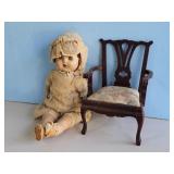 EARLY COMPO DOLL & DOLL CHAIR
