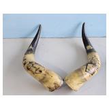 PAIR OF ETCHED & PAINTED HORNS