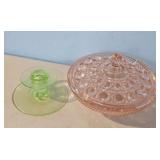 Vintage Pink Depression Glass Candy Dish & Green U