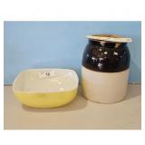 Yellow Pyrex Bowl and Brown Glazed Crock Jar