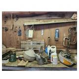 Vintage Workshop Lot: Oil Cans, Insulators, Tools,
