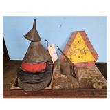 Farm & Shop Tools: Funnels, Oil Can, Warning Sign