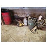 Chainsaw, Sandblaster, Hoses, and Red Barrel Lot