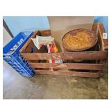 Vintage Wooden Crate with Blue Plastic Milk Crate