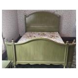 GREEN ANTIQUE FINISHED  BED & DRESSER W/MIRROR