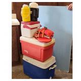 Lot of 3 Coolers and 2 Water Jugs with Life Vest