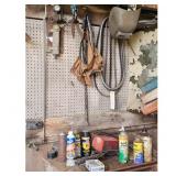 Assorted Garage Workshop Items: Belts, Cords, Spra