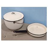 Vintage Enamel Pot with Lid and Frying Pan Set Whi