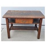 Antique Oak Side Table with Drawer and Shelf