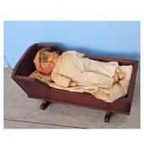 Vintage Wooden Doll Cradle with Doll