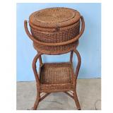 Vintage Wicker Sewing Basket Stand with Lid