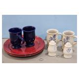 Fiesta Ware Red Plates & Blue Mugs Set with Salt &