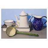 Enamelware Set: Coffee Pot, Pitcher, Ladle, Funnel