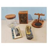 Lot of 2 Pocket Knives, Glass Jar, and Wooden Pipe