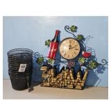Wine Themed Wall Clock and Set of 8 Black Wire Bas