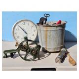 Vintage Lot: Metal Bucket, Clock, Cherry Stoner, F