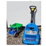 Blue Ride-On Toy Car with Green Dump Truck