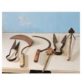 Vintage Farm Tools Lot - Sickle, Scissors, Hoe, Tu