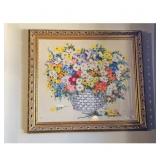 Framed Floral Needlepoint Art Basket of Flowers