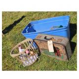 Blue Tub, Vintage Suitcase, Laundry Basket with Co