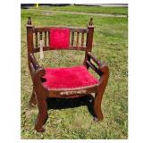 Antique Wooden Chair with Red Velvet Upholstery