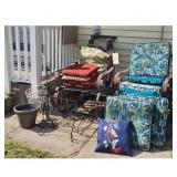 Wrought Iron Patio Set with Cushions and Planter