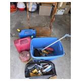 GAS CANS, TOTE WITH TROUBLE LIGHT, WOODEN RIFLE