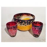 3 Hand-Painted Art Glass Vessels: Bowl and Two Tu
