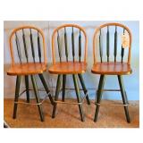 Set of 3 Vintage Wooden Counter Stools with Green