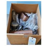 Box of Pierced Tin Copper Items & Wall Mount Candl