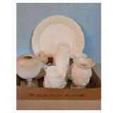 White Milk Glass Hobnail Fenton Style Vases and Di