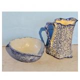 Vintage Blue Speckled Pottery Pitcher and Bowl Set