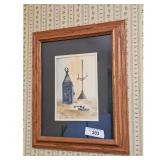 Framed Watercolor Painting of Lantern and Candlest