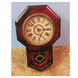 Octagon Wall Clock Red Wood Case Roman Numerals