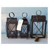 Lot of 3 Vintage Black Metal Lanterns with Glass P