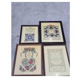 Lot of 4 Framed Cross Stitch Quilt Pattern Art Pie