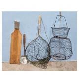 Vintage Fishing Net, Spatula, and Wooden Fish Scal