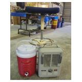 Space hHeater with a Rubbermaid water cooler and a