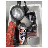 Box of Misc. Butane, Screws Tools, Light