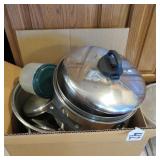 BOX OF POTS, PANS & STRAINERS