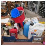 ASSORTED LIQUIDS, OILS & FUNNELS