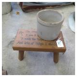 STOOL AND SMALL STONEWARE CROCK