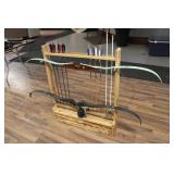 BOW RACK W/ TWO BEAR BOWS & ARROWS