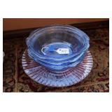 PINK DEPRESSION PLATTER & THREE BLUE BOWLS